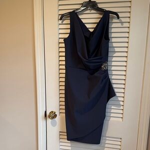 Alex Evenings Blue Cocktail Dress with Draped Front and Embellished Waist size 8